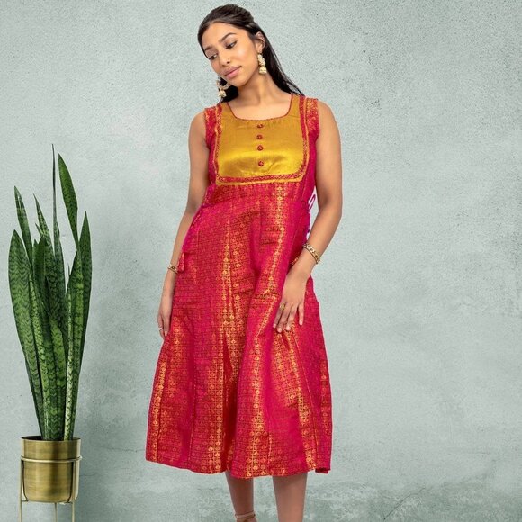 Luxury Red and Gold Silk Knee-Length Dress | Muvvas Boutique - Picture 3 of 5